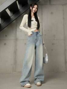 YEAE | Fashionable Retro High Waist Straight Leg Wide Leg Jeans, Casual Versatile American Style Long Pants For Women - Dusty Blue - View 4