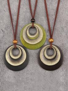 1 件复古木质吊坠项链，1 件简约复古圆形木质吊坠长项链，艺术风格毛衣链多功能配饰，适合作为送给长辈和母亲的新年礼物