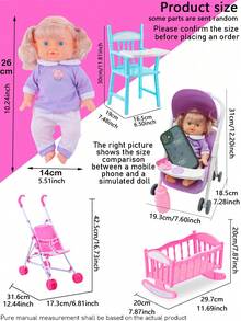 26厘米逼真婴儿娃娃玩具，可喝水和排尿，儿童互动游戏套装，可折叠婴儿车玩具，女孩公主车玩具