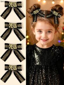 2 Stücke Neue Jahr Gold Basis Modell Schleifen Haarclips für Mädchen, Glitzer Schleifen Haarclips für Kinder, ModHaarstylingor Clips Haaraccessoires für Kleinkind Neue Jahr Party Geschenke & Herbst Winter Saison Verwendung