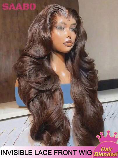 200%密度 32英寸 13X4 4棕色 波浪卷透明蕾丝前人发混纺假发，带婴儿绒毛，波浪卷，适合日常佩戴，自然柔软，适合女性的时尚长款混纺假发（长度：8-34英寸）