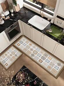 1 Set Elegant Multicolor Floral Pattern Rug, Light Beige, Approx. 3mm Thick, Super Soft & Absorbent, Lightweight Polyester Material, Rectangular Design, Rubber Backing For Durability & Comfort. Top Layer Fabric, Middle Foam, Bottom Rubber; Suitable For Kitchen, Bathroom, Entryway, Laundry Room, Etc. - Multicolor - View 13