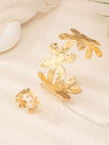 2pcs Fashionable Leaf Design Bracelet & Ring Set, Suitable For Women Street & Party Wear - Yellow Gold - View 4