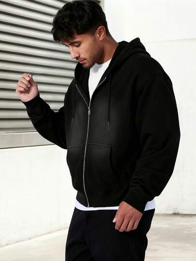 جاكيت رياضية كاجوال مقنعة للرجال - لون أحادي، مطبوع، بأكمام طويلة، قماش مُحبوك، قصة فضفاضة، مناسبة للتنزه والأنشطة الخارجية، بوليستر، ياقة مستديرة، جاكيت رياضية وسترة مقنعة مناسبة للارتداء في فصل الخريف/الشتاء