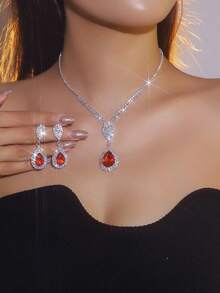 Supra Diamanto Gorgeous-Luxury Shining Bling Crystal Rhinestone Necklace Earrings Set Wedding Party Jewelry 3 In 1 - Silver - View 7