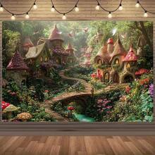Enchanted Forest Fairy Tale Backdrop - Whimsical Cottage Scene With Vibrant Flowers & Mushrooms  Perfect For Christmas &  Holiday Decor  Polyester Material  No Electricity Needed  Multiple Sizes Available  Holiday Decor Backdrop | Enchanted  Forest Design | Durable Decor Fabric  Christmas Decorations - Multicolor - View 1