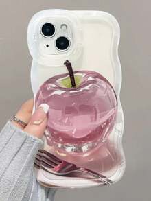 Cute Crystal Apple Wave Edge Lens Bracket Phone Case Compatible With IPhone 16 15 14 Plus 13 12 Pro Max 11 Clear Kickstand Protection Soft TPU Back Cover - Crystal Apple - View 23