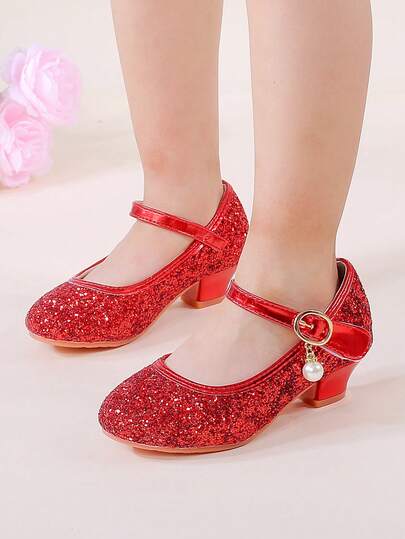 Girls' High Heel Shoes, Crystal Shoes For Stage Performance, Dress Up Shoes, Children's Princess Shoes, Red High Heels, Suitable For Spring And Autumn