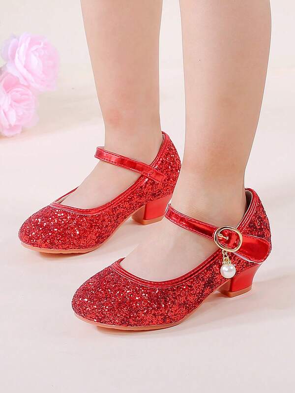 Girls' High Heel Shoes, Crystal Shoes For Stage Performance, Dress Up Shoes, Children's Princess Shoes, Red High Heels, Suitable For Spring And Autumn