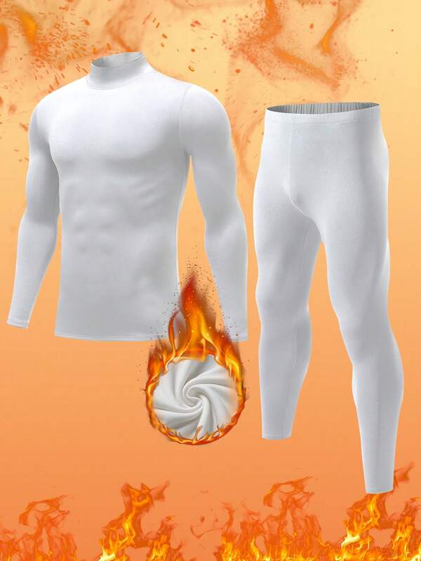 Men's High Neck Thermal Underwear Set - White Slim Fit, Thermal Lined & Thickened, Temperature-Locking Warmth, Breathable Base Layer For Winter Cold Protection, Warming