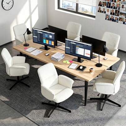 Meubles Cosy Set Of 6 Modern Office Chairs In Bouclé Fabric, Wooden Frame, Adjustable Height, 360° Swivel, White Upholstery, Ergonomic Nordic Design For Workspaces