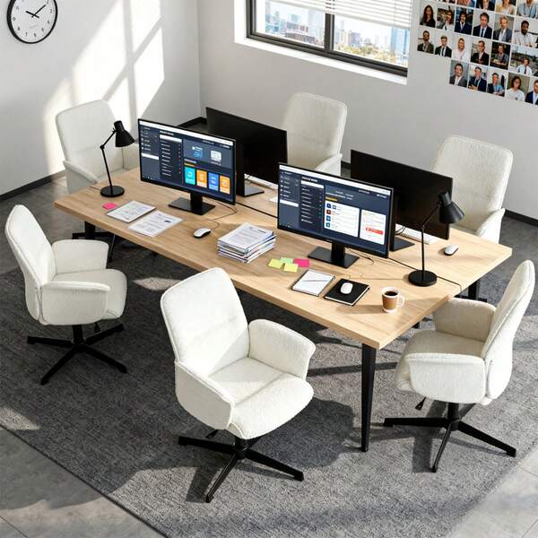 Meubles Cosy Set aus 6 modernen Bürostühlen mit Bouclé-Stoffbezug, Holzrahmen, höhenverstellbar, 360° drehbar, weißer Polsterung, ergonomischem nordischen Design für Arbeitsbereiche