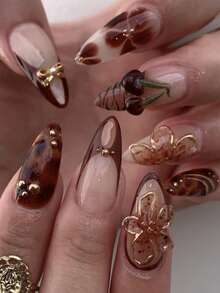 Nâng tầm diện mạo tức thì với bộ móng giả 24 món phong cách thu đông giản dị, thanh lịch, cổ điển, đường phố, hàng ngày, đính hạt kim loại vàng và nơ 3D, họa tiết hoa anh đào ba chiều viền vàng, hoa văn đồi mồi nâu và họa tiết ngựa vằn nâu, kiểu Pháp, hình hạnh nhân cỡ trung bình. Phù hợp cho các cô gái và phụ nữ thanh lịch và tinh tế, đây là lựa chọn tuyệt vời cho cuộc sống hàng ngày và khi đi mua sắm, giúp bạn thêm phần quyến rũ. - màu nâu - Xem 1