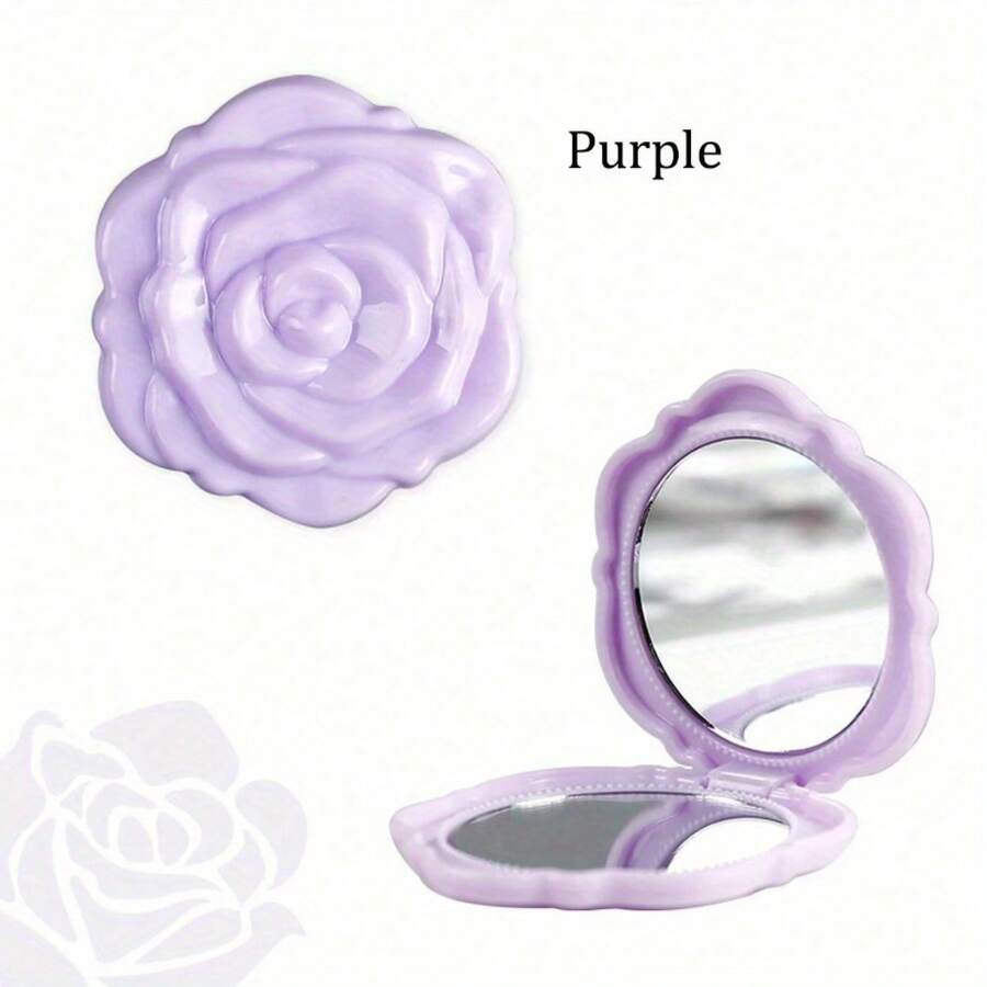 Rose-Shaped Folding Mirror With Mirror And Light Purple Petals - Portable Compact Bridesmaid Wedding Party Gift For Women And Girls, Elegant Lavender Flower Makeup Mirror, Fits In Purse, Christmas Accessory (No Feathers) - 紫色的 - 查看 1