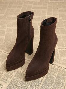 2026 Spring/Autumn New Elegant Black & Brown European Style Boots, Thick Heel Super High Heel Pointed Toe Women's Short Boots, Fashion - Brown - View 2