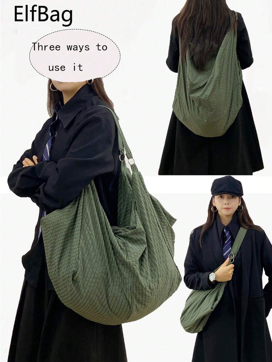 Túi đeo vai họa tiết kẻ caro hai màu dung tích lớn, vải nylon mềm mại và bền, túi đeo chéo nữ, túi tote đa năng thường ngày, thích hợp cho đi làm, học tập, du lịch, đi làm, phù hợp cho cả nam và nữ - Màu xanh lá cây đậm - Xem 1