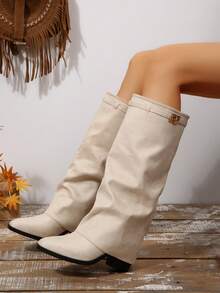 2025新款女士尖头过膝长靴，鲨鱼腿过膝长靴，时尚中筒靴，侧拉链 - 米色 - 查看 2