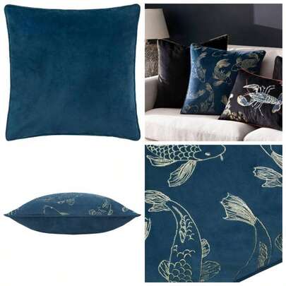 Koi Pond Embroidered Velvet Cushion Cover - Navy - 50x50cm