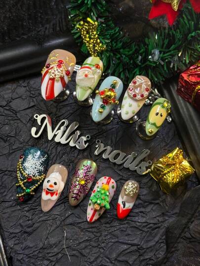 10片/套 美甲贴片，杏仁形甲片，3D圣诞树和圣诞老人圣诞主题设计，包括手工绘制的圣诞雪花、蓝色猫眼、红色和杏白色法式手绘雕刻圣诞雪人、手绘苹果、Y2K风格、辣妹风格，奢华纯手工美甲