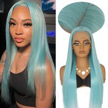 13x4 Lace Front Wig For Women Synthetic Long Silky Straight Hair Free Part Frontal Lace Heat Resistant Soft Fiber Ice Blue Color Wig 26 Inches 180% Density Pre Plucked For Daily Makeup Use Ready To Wear - Blue - View 10