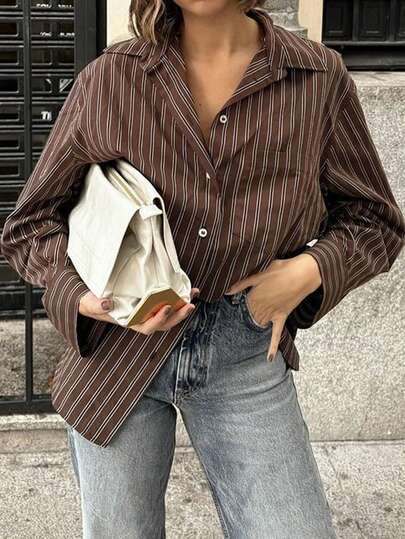 Look Polly Women's Y2k Punk Casual Commuting Style, Fake Style, Old Money Style, Traceable Cotton Printed Striped Button Up Shirt Business Casual Woman Striped Shirt Button Up Shirt Women Christmas