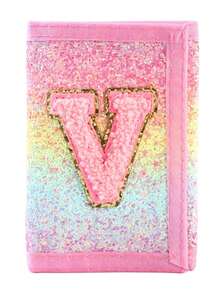 1个粉色字母刺绣钱包，时尚亮片钱包，帆布折叠零钱包，采用耐用涤纶面料，带拉链口袋和魔术贴封口，适合日常使用和节日送礼。 - 彩色 - 查看 8