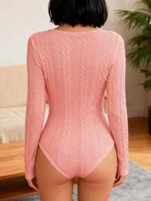 Womens Knit Long Sleeve Ribbed Bodysuit Sweater Slim Fit Tops Ribbed Basic Jumpsuit Fall Tops - Pink - View 6