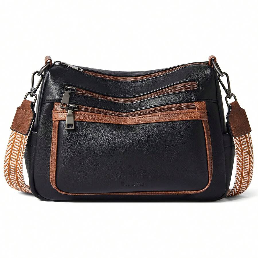 Bluome 7L Crossbody Purses For Women, Vegan Leather Shoulder Bag Handbags Medium Hobo Bag With Guitar Strap,Vacation Essentials&Back-To-School Essentials,Christmas Gifts - 主黑配棕 - 查看 1