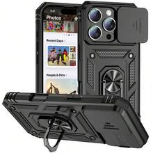 Ring Stand Rotating Slide Camera Lens Military Grade Armor Case For IPhone 16 14 13 12 11 15 Pro Max 16 Plus 13Mini 12Mini Cover - black - View 1