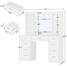 Dressing Table With 3-Color LED Lights Mirror, Adjustable Brightness, Vanity Table Makeup Desk With 9 Drawers And 7 Storage Shelves, Modern Vanity Desk For Bedroom Dressing Room, White - White - View 5