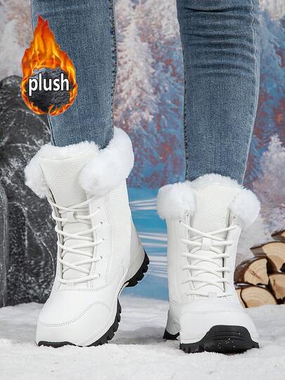 Women's Snow Boots, Fashionable White Boots, Lightweight & Warm High-Top Snow Boots, Women's Boots Resistant To Cold, Outdoor Winter Shoes For Below Zero, Front Lace-Up Faux Fur Collar High-Shaft Solid Color Cotton Boots, Plus Size