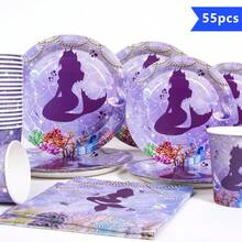 1 Set Mermaid Silhouette Disposable Plates, Napkins And Cups, Serves 10 Guests, Suitable For Birthday, Wedding, Party, Family Picnic - Multicolor - View 1