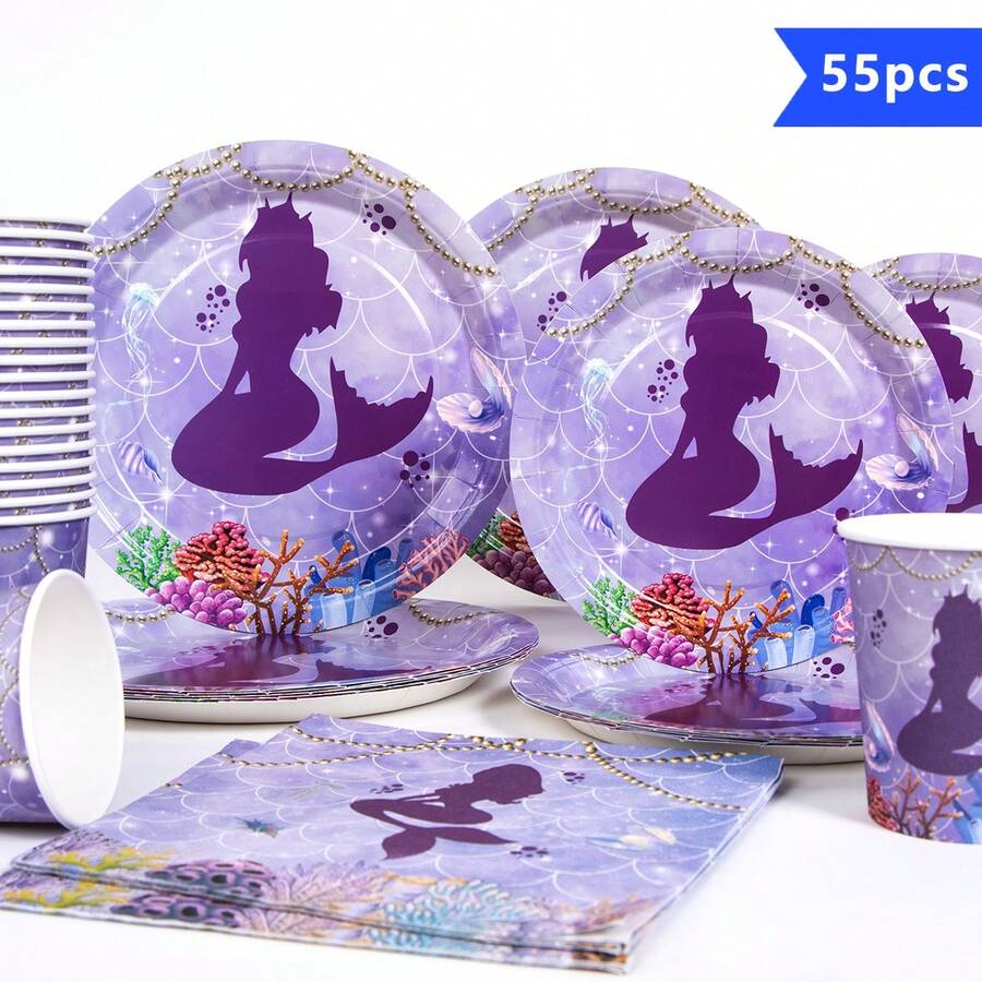 1 Set Mermaid Silhouette Disposable Plates, Napkins And Cups, Serves 10 Guests, Suitable For Birthday, Wedding, Party, Family Picnic - Multicolor - View 1