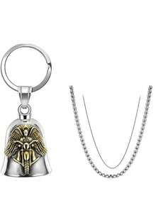 Campana para motocicleta, campana de la guarda, campana protectora, campana de la suerte, llavero de ángel de la guarda para motocicleta y collar con campana protectora, que incluye una campana, un llavero y una cadena. - Dorado - Ver 4