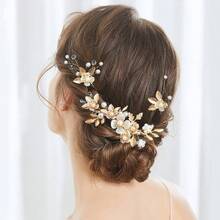 5 piezas Accesorios para el cabello de boda con flores, Set de pasadores de pelo de lujo minimalistas con perlas falsas, para verano, playa, festival, cumpleaños - Dorado - Ver 3
