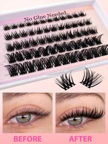 60片C型卷翘自粘单根假睫毛套装，8-16毫米，精致轻盈，DIY睫毛嫁接套装，含镊子和睫毛夹，无需胶水，分段式假睫毛，尖头假睫毛 - 黑色 - 查看 3