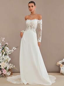 Elegant A-Line Off-The-Shoulder Wedding Dress With Detachable Court Train And Delicate Lace Chiffon Fabric | Stunning Bride Gown Adorned With Sparkling Sequins And Romantic Details, Perfect For Civil Ceremonies, Beach Weddings, Romantic Dates, Birthday Parties, Singles' Socials, Prom Nights, Anniversary Celebrations, Vacation Getaways, Cocktail Events, Graduation Banquets, And Formal Occasions | This Figure-Flattering Floor-Length Dress Is Designed In Size XS And Beyond With A Feminine Silhouette, Offering Timeless Elegance For Church Gatherings, Garden Receptions, Evening Galas, Photoshoots, And Creating Unforgettable Fashion Moments As A Bride, Bridesmaid, Or Wedding Guest. - 白色 - 查看 2