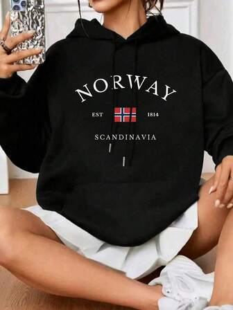 Plus Size Women's "NORWAY" "EST 1814" "SCANDINAVIA" Text With Norwegian Flag Pattern Hoodie | Loose Casual Fall & Winter