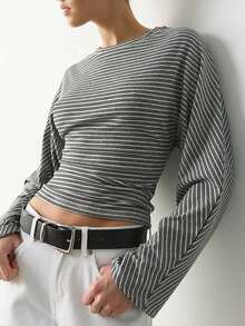 Women's Comfortable Regular Length Striped Knit Long Sleeve Crew Neck T-Shirt With Cinched Hem Detail