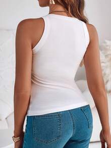 ChicMe Áo hai dây nữ gân sọc có đệm ngực tích hợp, cổ tròn, không tay, dáng ôm, thích hợp mặc đi làm, dự tiệc hoặc dạo phố hàng ngày. - trắng - Xem 3