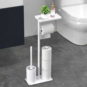 1个带收纳托盘的卫生纸架，浴室落地式独立纸卷架，浴室卫生纸收纳架，适合存放浴室小物件，现代简约风格，浴室装饰