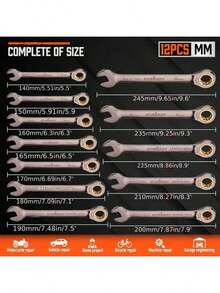 Bộ cờ lê 12 chiếc hệ mét, cờ lê kết hợp 8-19mm có bộ phận sắp xếp, thép crom vanadi 72 răng - ngẫu nhiên - Xem 3