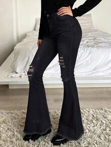 Women's Mid-Raise Stretch Slim Fit Ripped Raw Hem Flared Jeans - Black - View 2