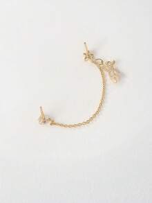 2pcs Cute Bear Pendant Earrings, With Chain, Double Piercing Ear Cuff Cartilage Earrings - Gold - View 3