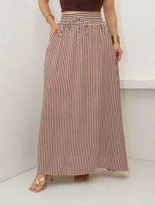 AMY FASHION STRIPED LENGTH SKIRT WITH SLIT AND BAG, THICK WAIST, 2025 FASHION - Coffee Brown - View 4