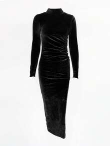 时尚性感高领长袖褶皱开衩下摆连衣裙、派对礼服、鸡尾酒会礼服