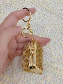 复古毛绒豹纹挂饰迷你包首饰收纳盒零钱包钥匙扣配件金色钥匙扣包饰钱包挂件钥匙圈 - 彩色 - 查看 5