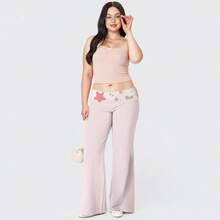 Plus Size Light Pink Star Pattern Flare Pants, Soft Fabric Elastic Waist,  Casual Daily Wear Trousers For Women - 粉色 - 查看 2