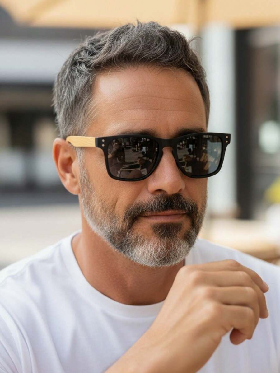 Men's And Women's Square/Round Sunglasses With Spring-Loaded Temples, Imitation Bamboo, UV400 Lenses - 3876/LENTE POLARIZADO PRETO - 查看 1