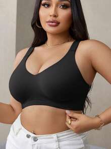 1pc Plus Size Women's Black Wireless Full Coverage Bra, Comfortable Breathable Sports/Yoga Bra, Elegant Minimalist Everyday Bra - Black - View 10